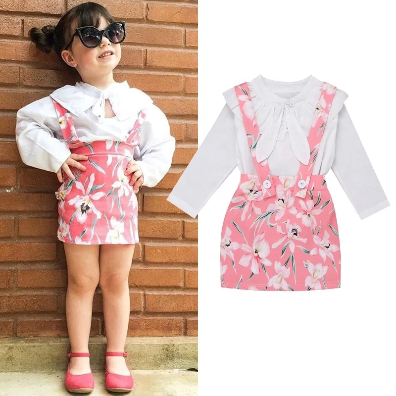 

Spring Summer Toddler Kids Baby Girl Ruffle Bow T-shirt Tops Blouse+Floral Hip Skirt Princess 2PCS Clothes Outfit Set, As picture