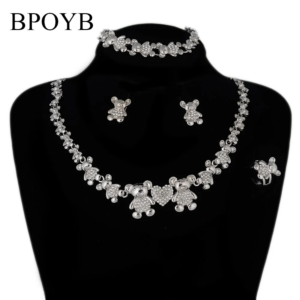 

BPOYB Hot Sale Teddy Bear Crystal Choker Necklace Zercon Heart Jewelry Set Silver A Whole Set For Women In Dubai African