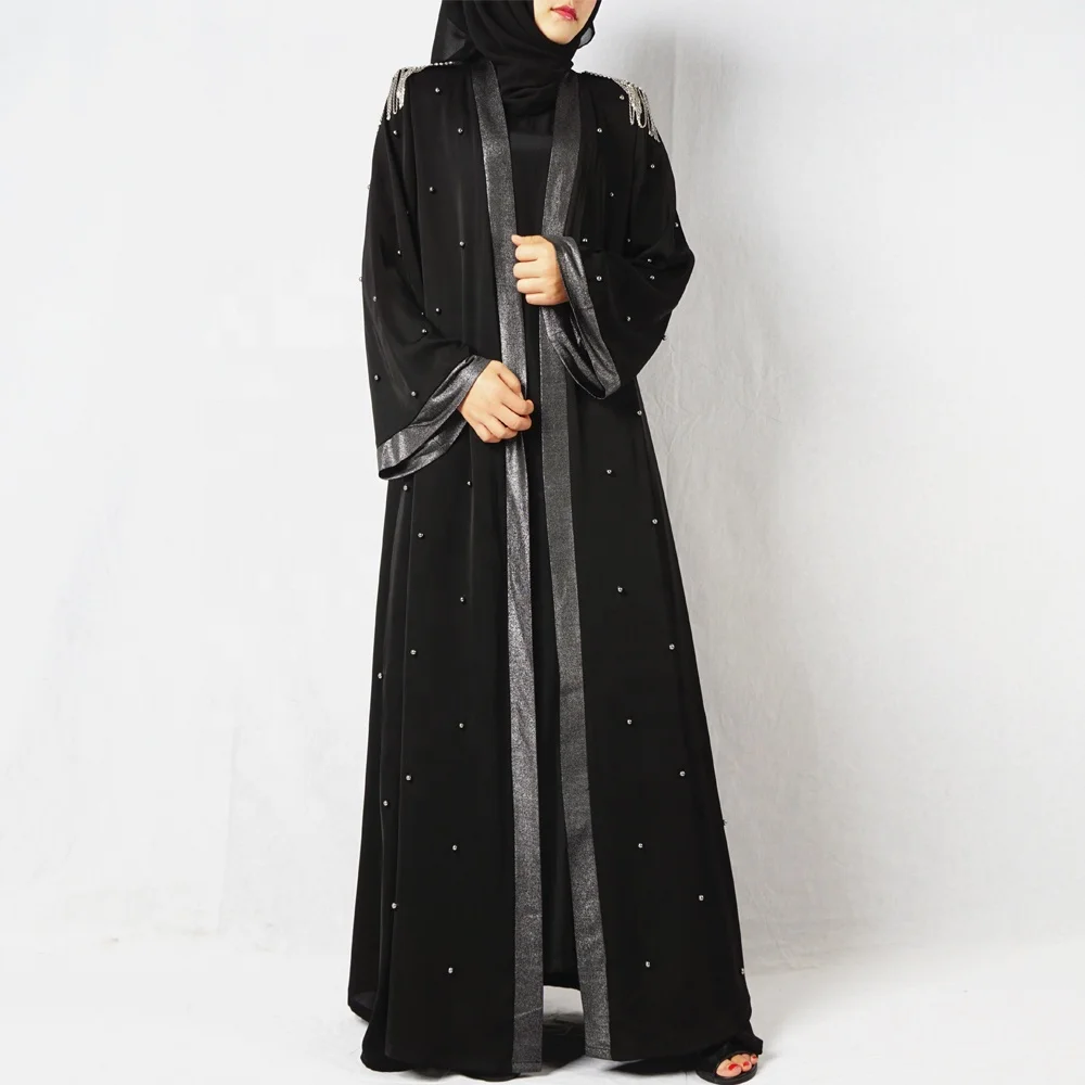 

Front open black voluminous black pearl abaya muslim dress women full length kimono cardigan black with shoulder board, Black with beading kimono cardigan