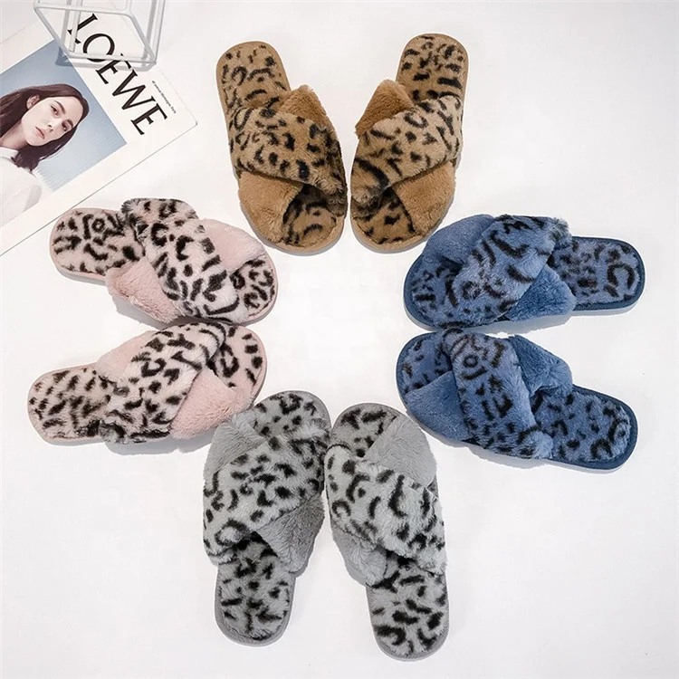 

Womens Winter Cross Plush Home Slippers Fuzzy Warm Flat Leopard Shoes Open Toe Sandal, Custom