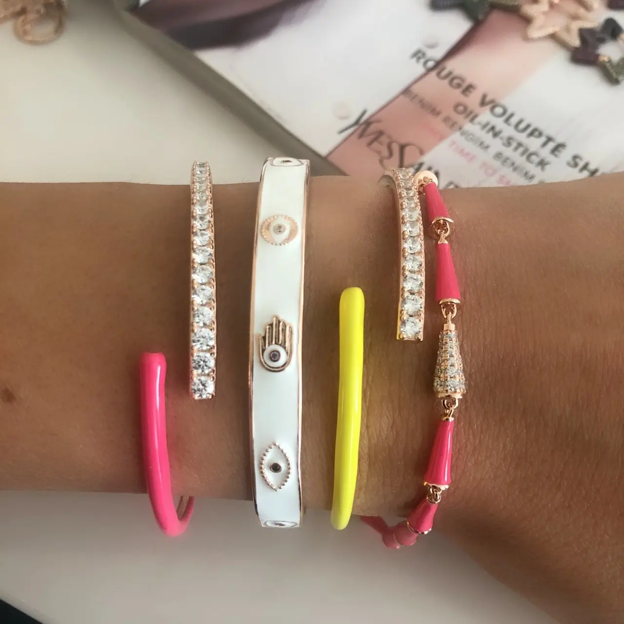 

Copper Rose Gold Plated Jewelry Cuff Enamel Eye Hamsa Hand Bangle Bracelet Women