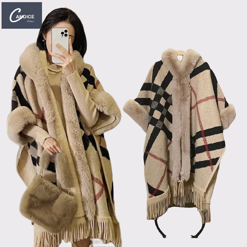 

Candice Europe 2021 loose patchwork color faux fox wool collar knitted shawl poncho ladies winter fur cardigan coats