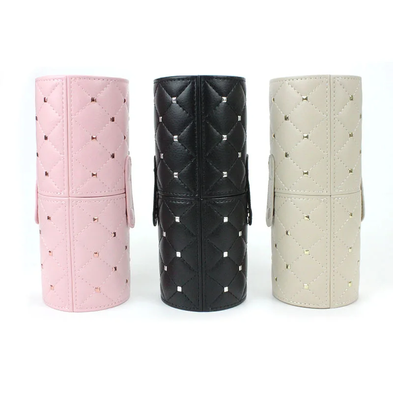 

Buy Again best selling custom logo rivet pink luxury leather makeup brush holder and cosmetic cylinder case, Pink,black,beige