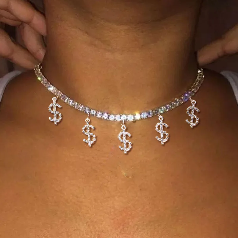 

2021 New Hips Hops Gold Plated Bling Bling Rhinestone Dollar Sign Choker Necklace Tennis Chain Money Sign Pendant Necklace