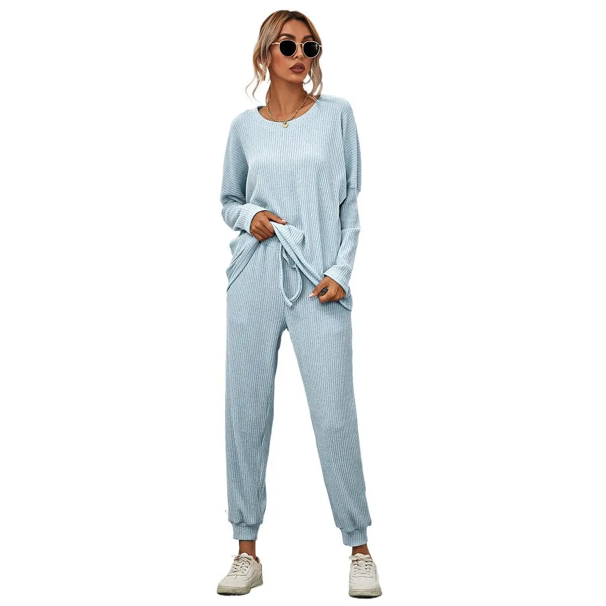 

Summer Two Piece Set Pajamas Women Long Sleeve Loose Casual Home Wear Ribbed Pajama, White,wine red,black,gray,pink,orange,light blue,coffe