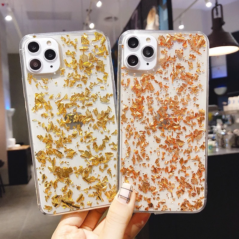 

Wholesale epoxy Tpu PC mobile phone case bling glitter gold foil shock-proof phone case for iphone 12/11 7/8 x xs xmax