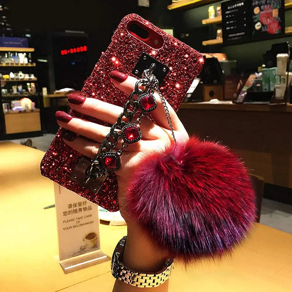 

Luxury Stylish DIY 3D Handmade Sparkle Bling Diamond With Fur Plush Ball Strap Chain Phone Case For iPhone 11 iPhone 11pro Case, Red case+red ball black case+green ball black case+red ball