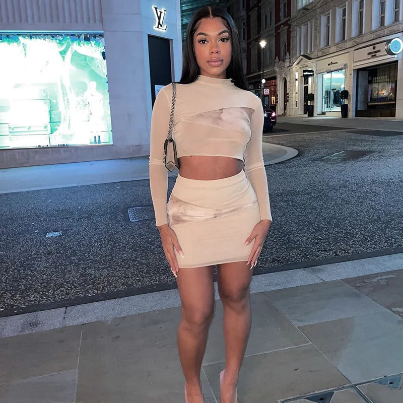 

new arrival women's bodycon mini dress long sleeve crop top two piece sexy party bust short skirts set, Picture color
