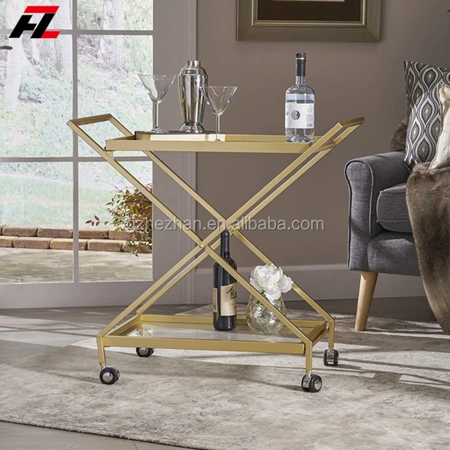 
Modern Bar Cart With Two Tiers Metal And Glass Serving Cart Criss-Cross Design With Glass Top Liquor Trolley 