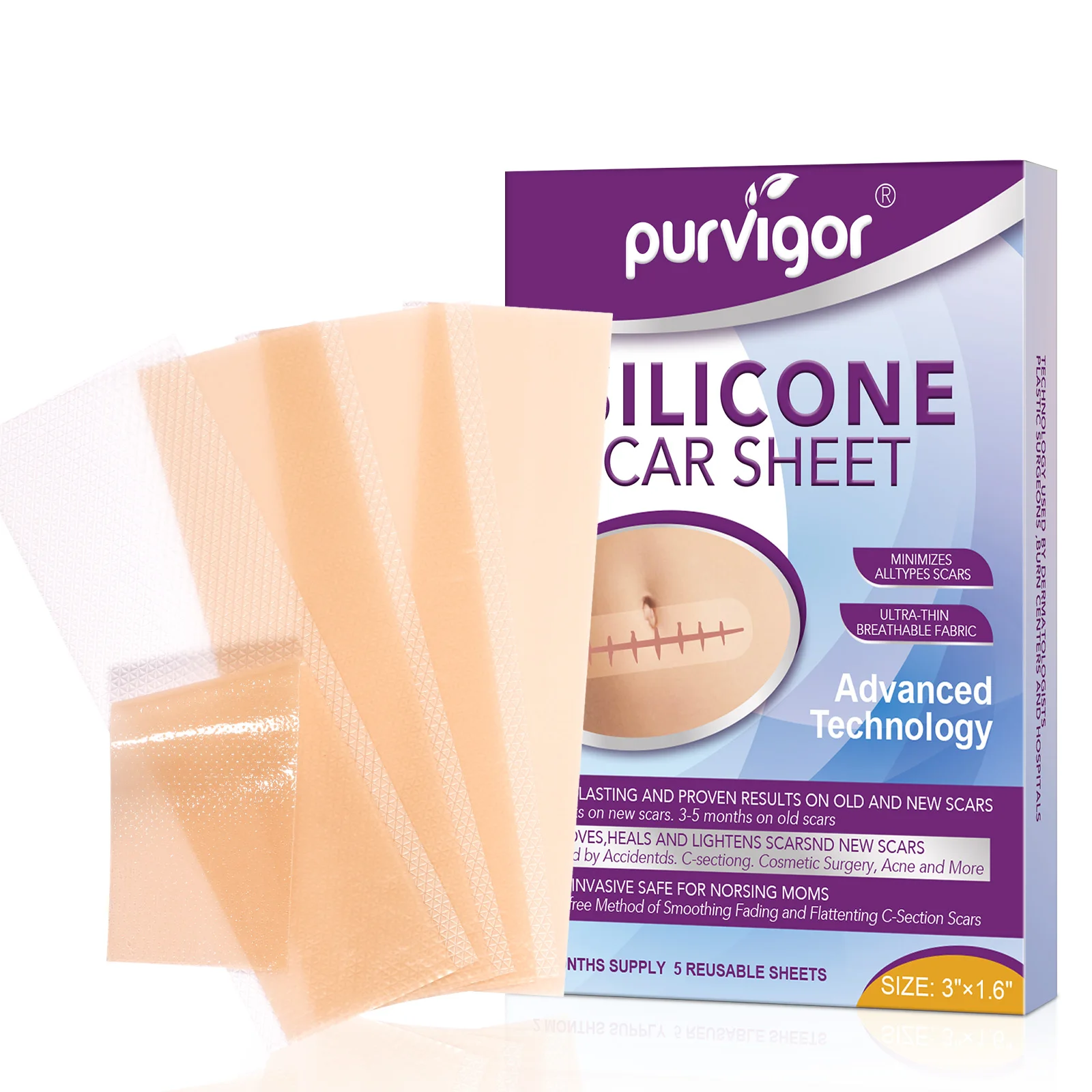 

PURVIGOR waterproof breathable medical repair skin professional scars removal silicone gel sheets for keloid scars