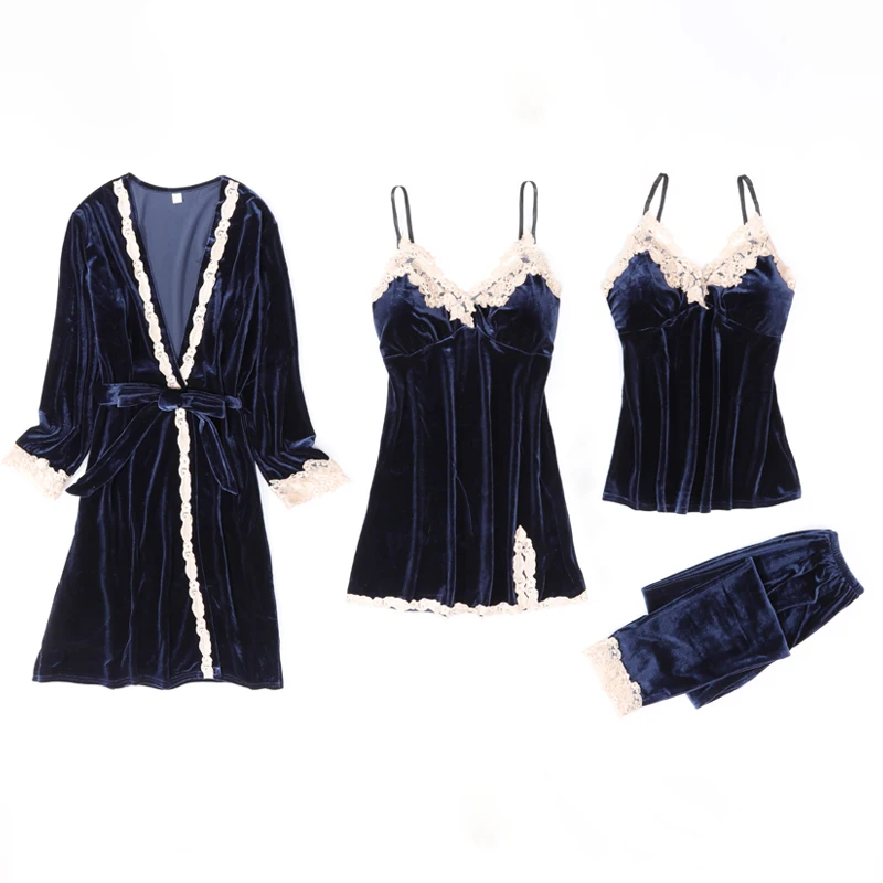 

Autumn and winter velvet four-piece pajamas women velvet suit with chest pad nightdress sexy nightgown ladies velvet sleepwear, White, red, blue, black, pink