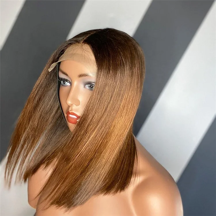 

Short Bob Bone Straight 2T Black to Honey Blonde Ombre 13x4x1 T Part 100% Human Hair Lace Front Wigs