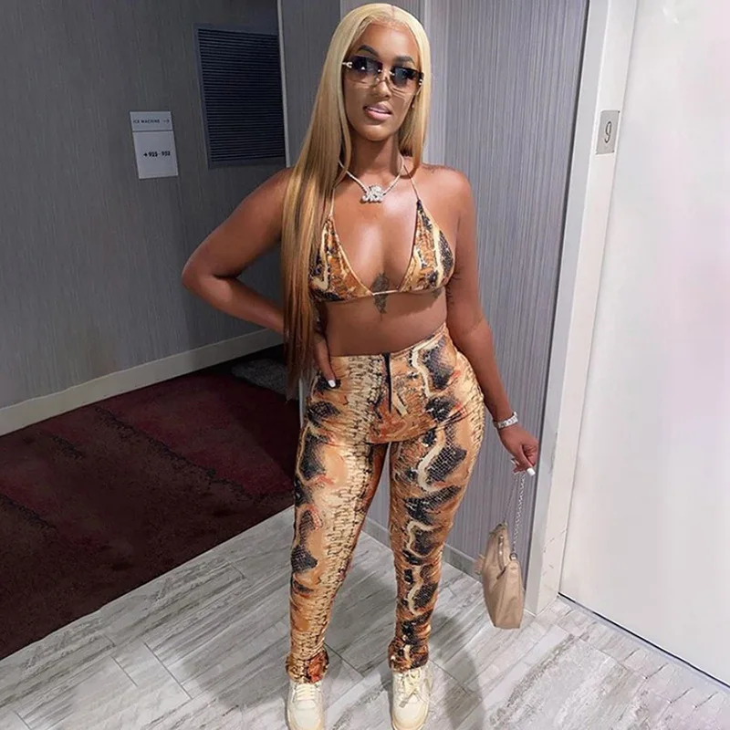 

ShiYu Snake Print Two Piece Pants Set Sexy V Neck Backless Bra Top High Waist Leggings Set for Women Streetwear Party Club
