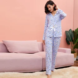 Spring summer autumn winter blue floral girls pjs cotton pijama femenina pyjama loungewear women ladies long sleeve pajamas set