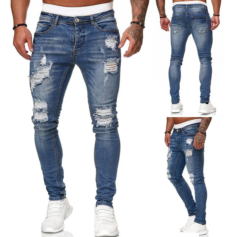 

OEM Wholesale custom logo mens pants fashion retro washed ripped slim fit men's jeans denim, 5 colors