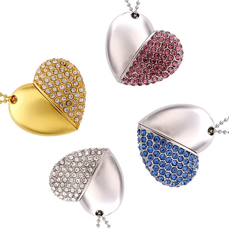 

Novelty heart shape metal usb drive flash 4G/8G/16G/32G/64G 2.0 USB stick with keychain, Silver,blue,gold