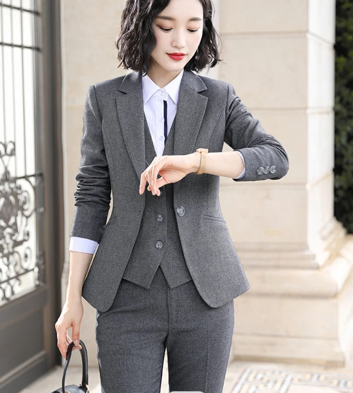 

OEM Wholesale Dropship 3 Piece Suit Set Pant Suit Women Office Lady Work Wear Women Formal Suits Blazer Jacket Vest trousers, Gray