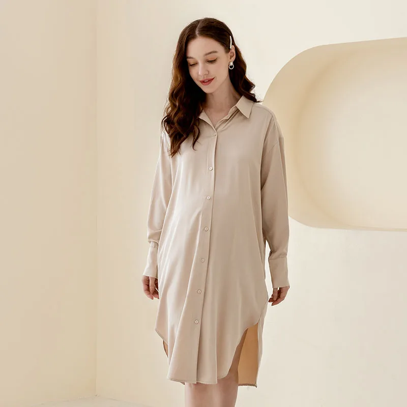 

Oem Custom Long Sleeve Button  Polyester Maternity Nightgown, Champagne,black