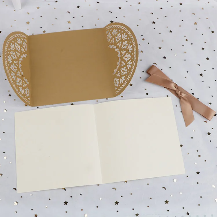 
Swan elegant laser cut sleeve gold wedding invitation Wholesale Handmade Silk ribbon Folio Wedding Invitation with envelope 