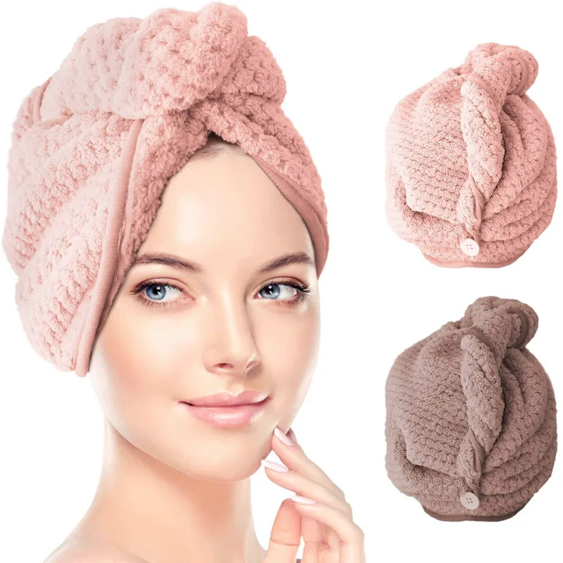 

Hair Towel Wrap Microfiber Drying Bath Shower Head with Buttons cap