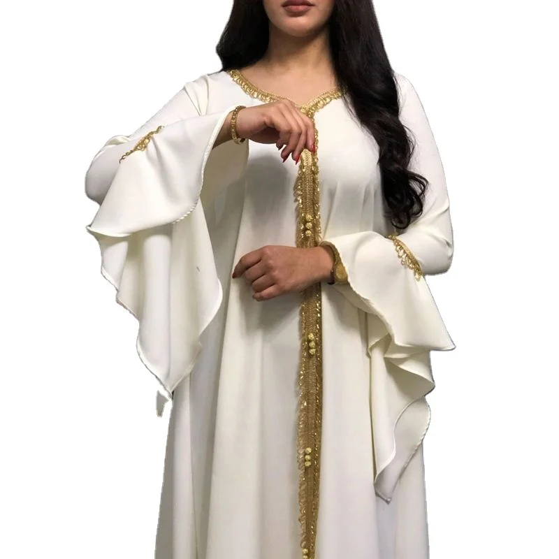 

Jalabiya Kaftan Dress For Women Dubai Turkey Golden Ribbon Embroidery Loose Muslim Arabic Islamic Clothing White 2021