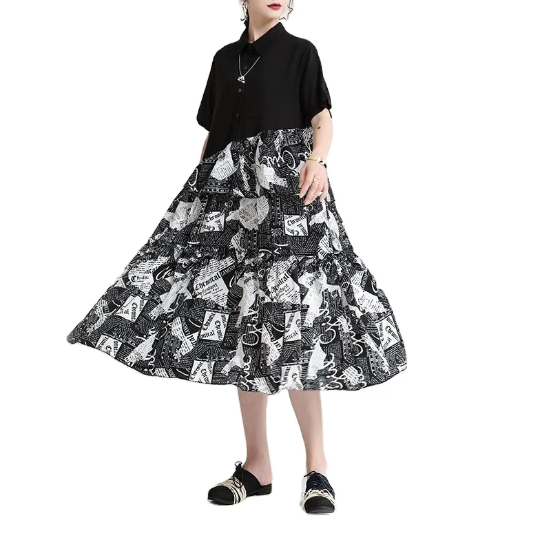 

Black dress 2021 summer new long floral skirt short-sleeved print design loose big swing dress 2208, Customized colors