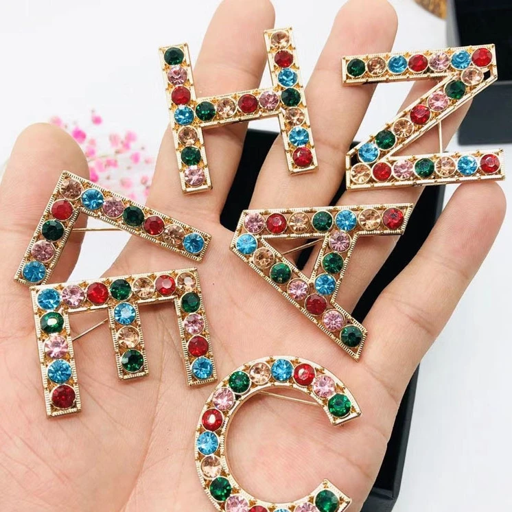 

New Fashion Colorful Rhinestone Letter Brooch Pin Alphabet Hijab Pin Channel Brooch Pins, As picture