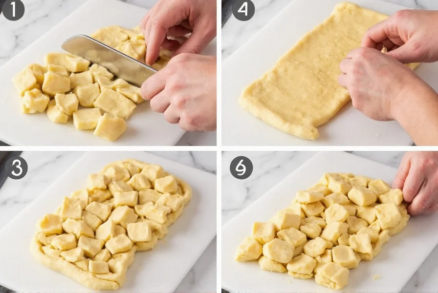 Step-by-step process of cutting cinnamon roll dough into cubes for pull apart bread assembly