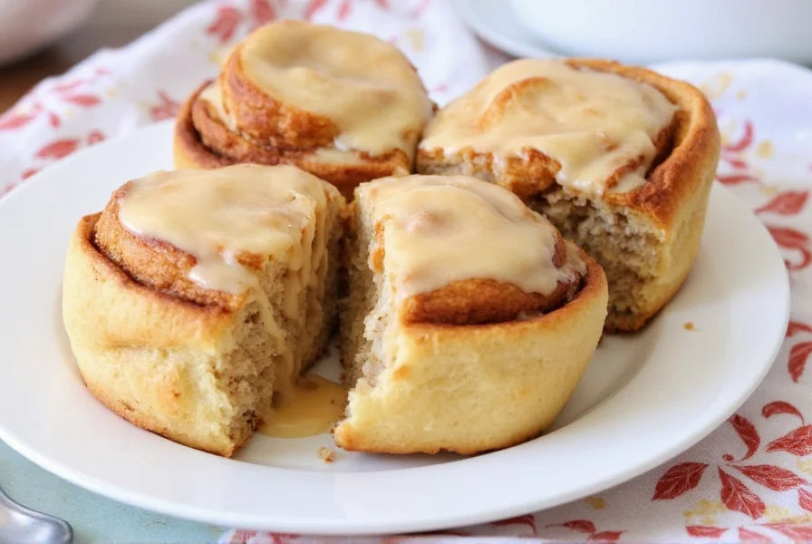 Close-up of golden brown canned cinnamon rolls drizzled with heavy cream glaze on white ceramic plate