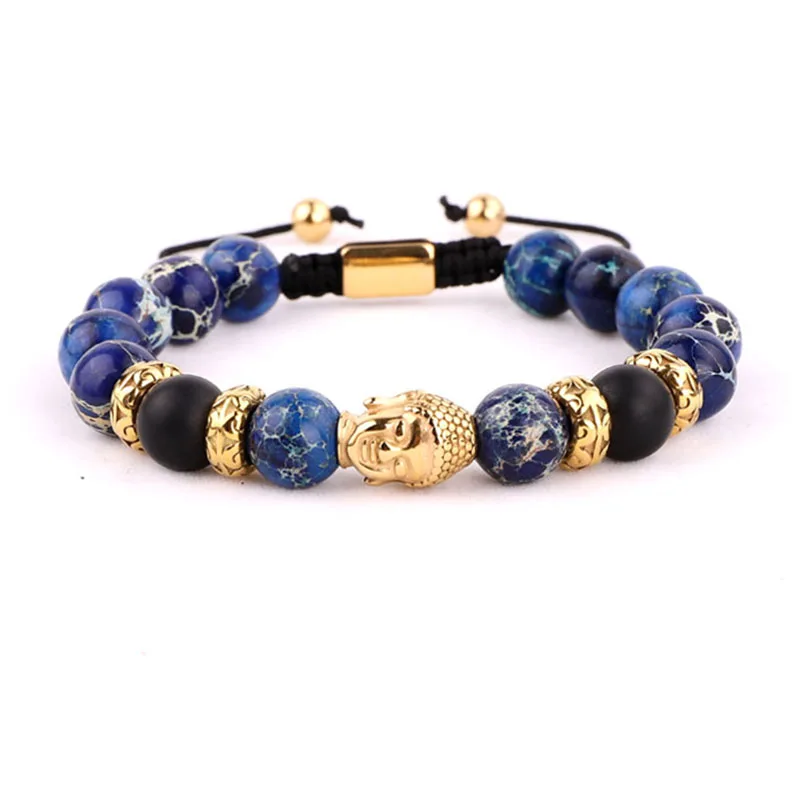 

New Design Stainless Steel Buddha Charm Sediment Jasper Stone Beads Men Macrame Adjustable Bracelet Men