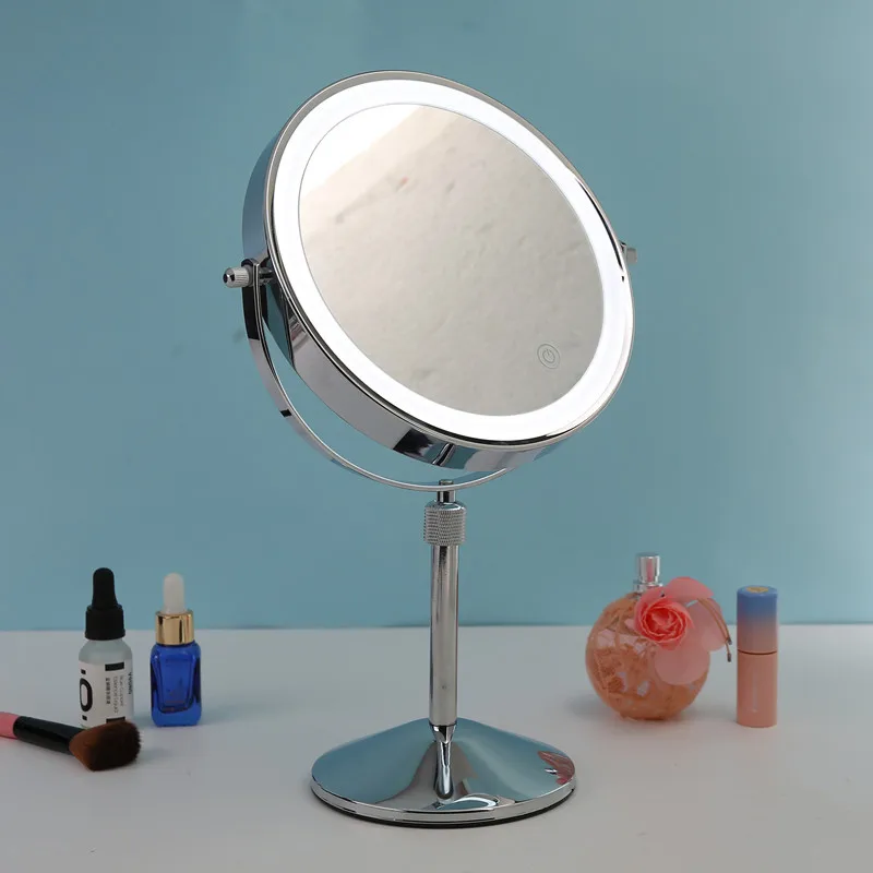

desktop double-sided cosmetic mirror round LED lamp magnifying table top lifting cosmetic mirror, Silvery