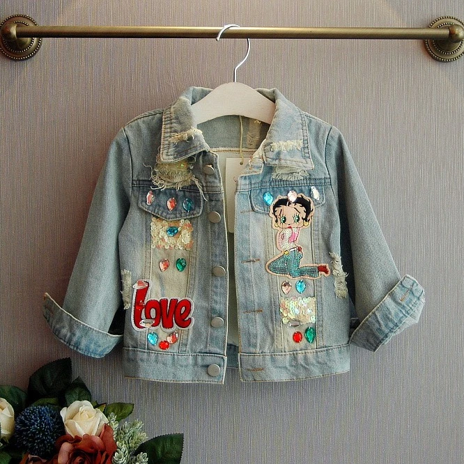 

New Fashion toddler girls denim jacket spring autumn new designs baby girls sequins jeans coat clothing, Picture