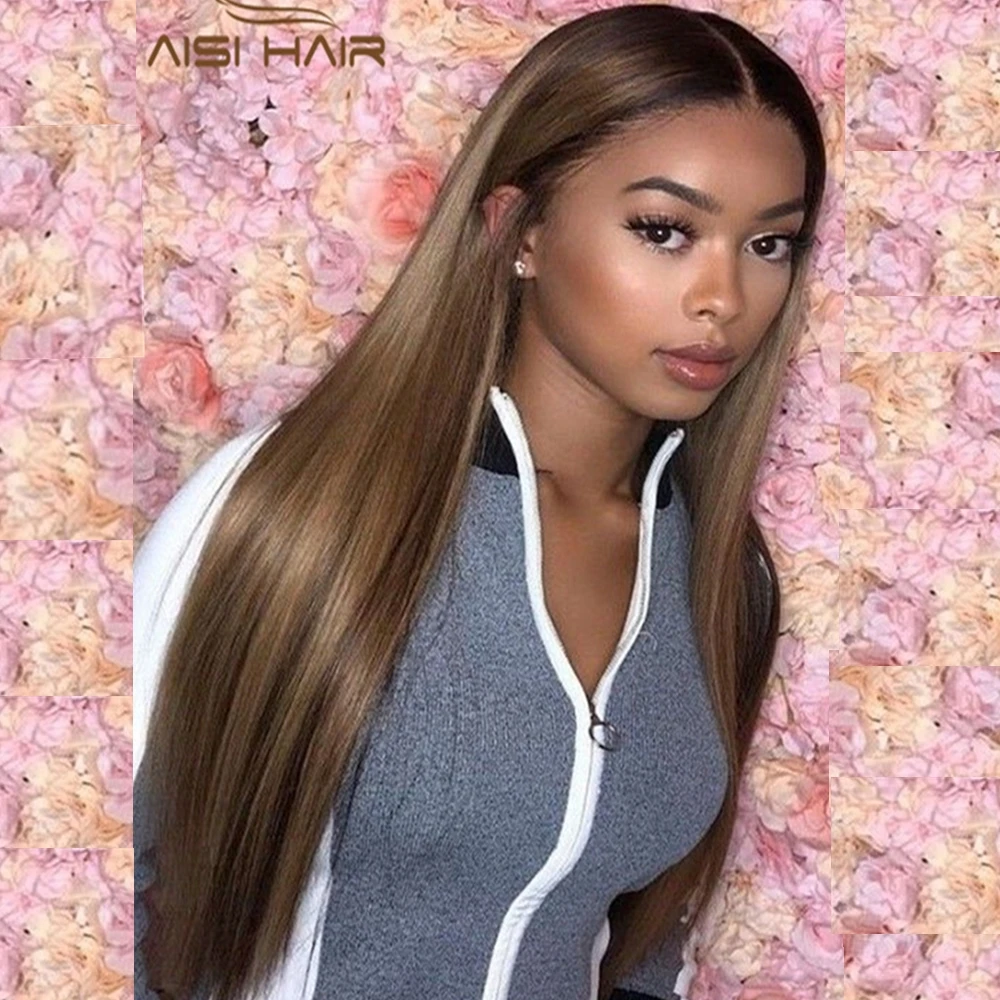 

Aisi Hair Cheap Long Silky Straight Wave Frontal Lace Wigs Synthetic Ombre Brown Middle Part Lace Front Synthetic Hair Wigs