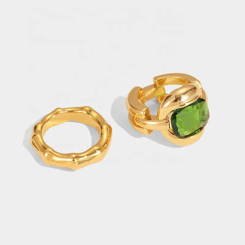 

High Quality Textured Personalised Bamboo Vintage Emerald Gemstone gold plated rings, Picture