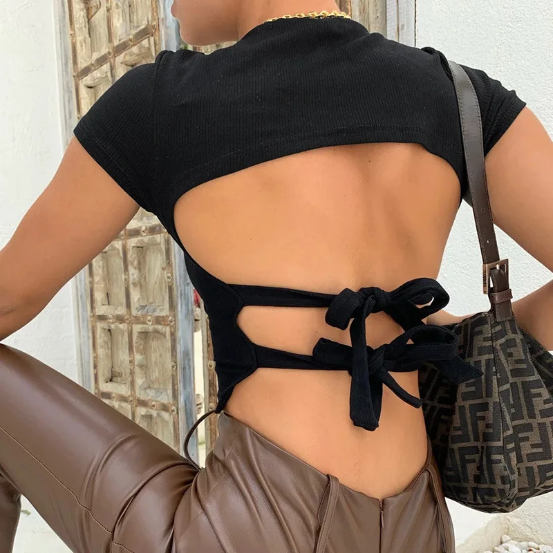 

2021 new arrivals summer collection knitted women fashion sexy back tie crop top