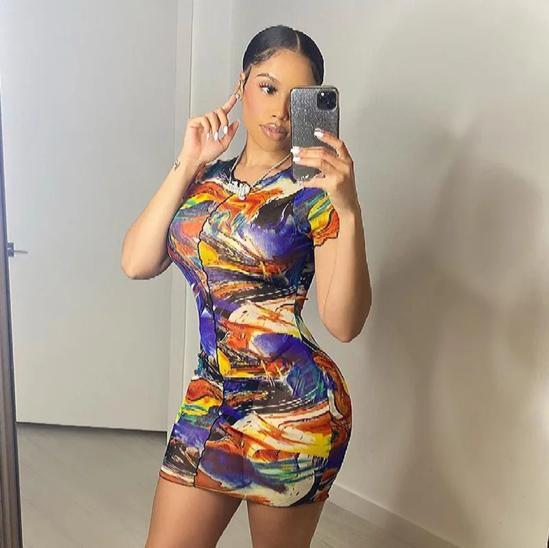 

H6356 - women sexy short sleeve printed mesh mini dresses