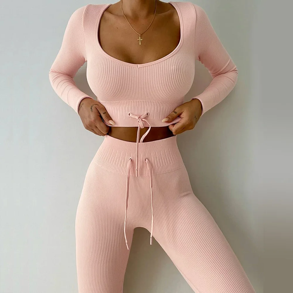 

Autumn and winter seamless knitted long sleeve exercise and fitness suit outdoor belted yoga suit