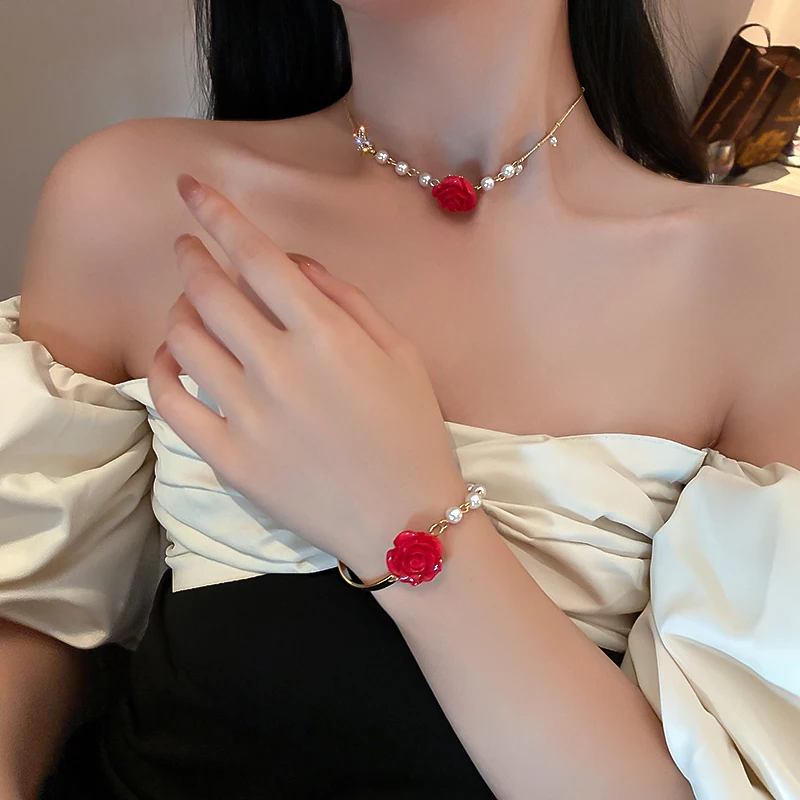 

fashion trendy crystal butterfly red rose flower bracelet