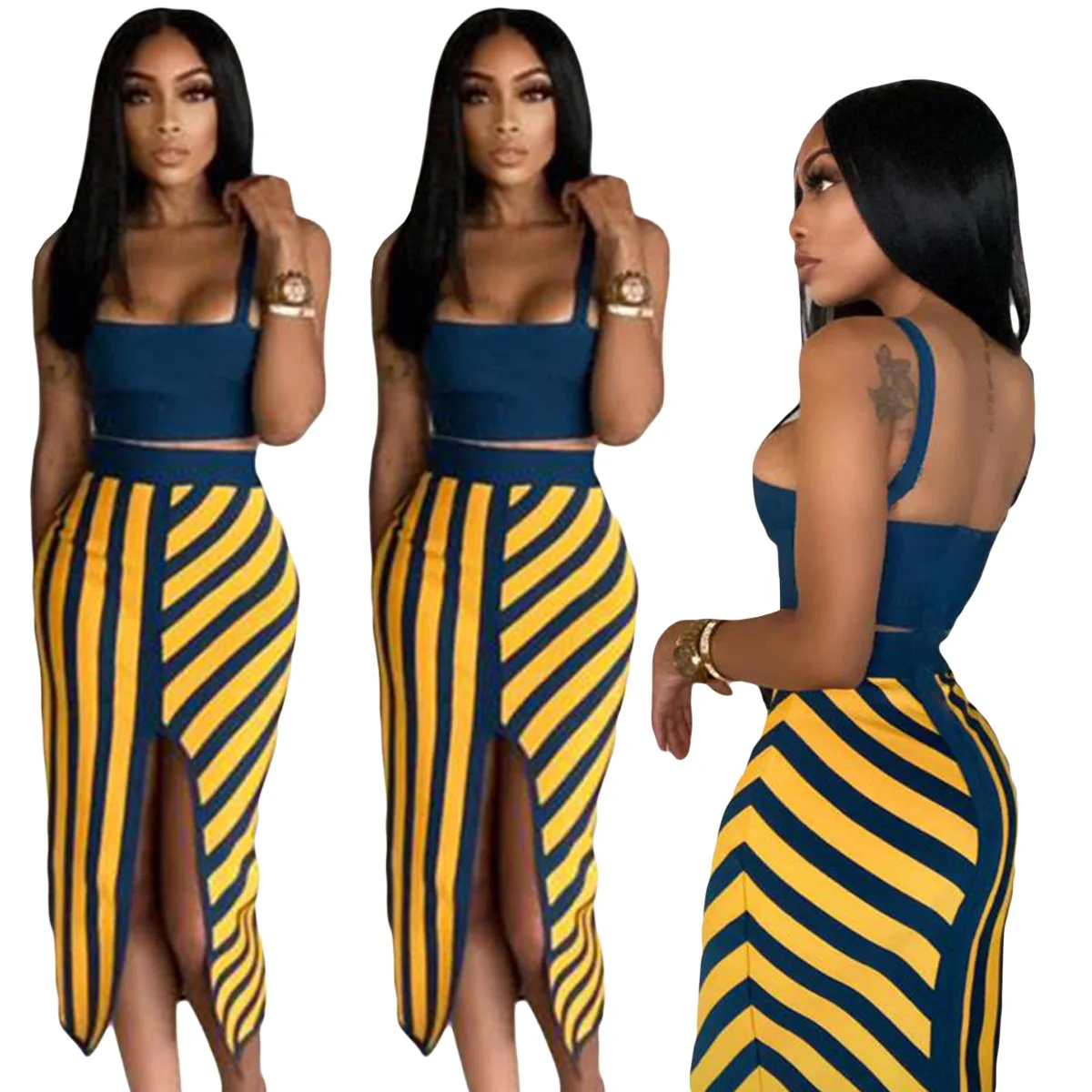 

New Fashion Women Sling Tank Top 2 Piece Skirt Set Ladies printing Striped Skirt Set Summer Women's Midi Skirts