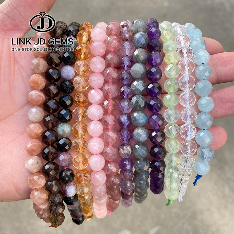 

JD Semi Precious Gemstone Beads 8mm Faceted Natural Crystal Rock Quartz Amethyst Tourmaline Round Spacer Bead for Jewelry Making