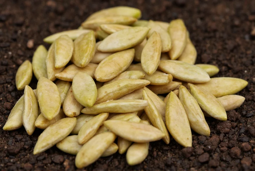 Close-up view of poblano pepper seeds showing their flat, teardrop shape and light tan color on dark soil