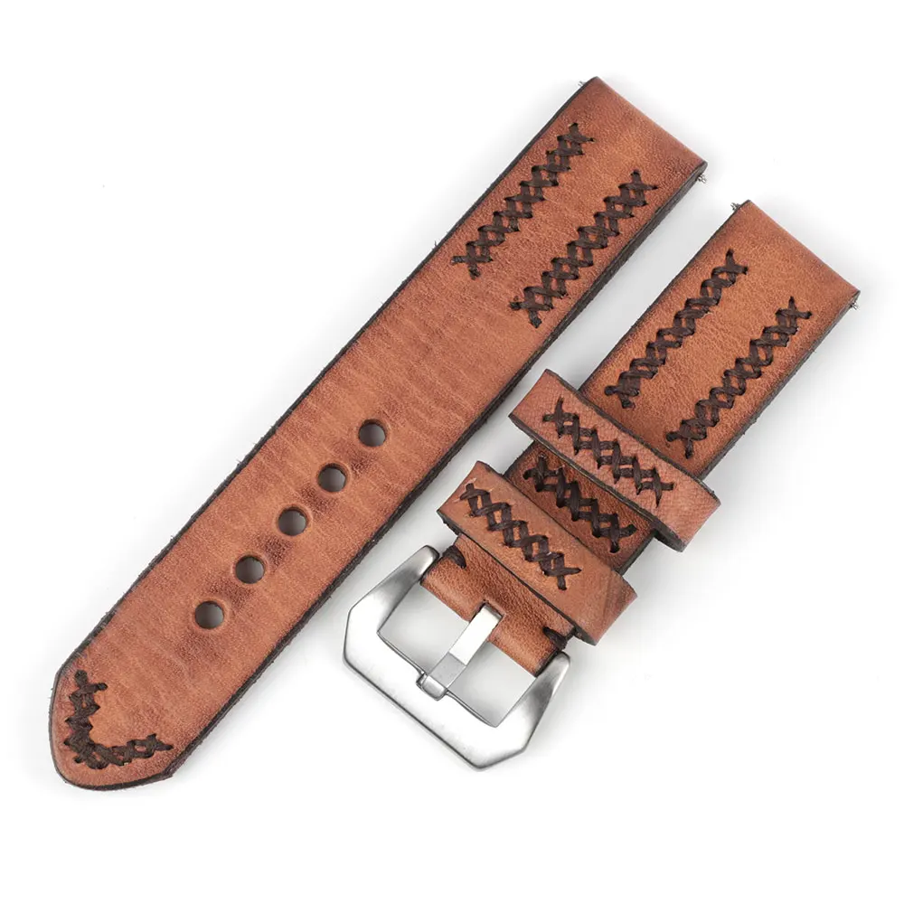 

Handmade genuine cowhide leather watch band vintage  with black stitching, Coffee