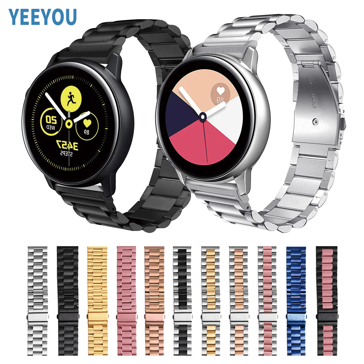 

Jewelry Stainless Steel Strap Metal 3 Beads Watch Band Bracelet with Folding Clasp for Samsung Galaxy Smart Watches Series 20mm, Multi-color optional or customized