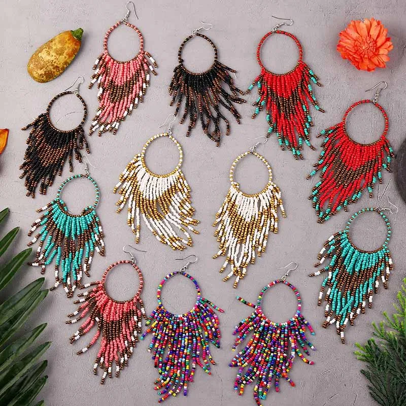 

Artilady Bohemia Ethnic Multi Color Mirconbeads Earrings For Woman Tiny Seed Beaded Tassel Drop Earrings Jewelry, Multicolor