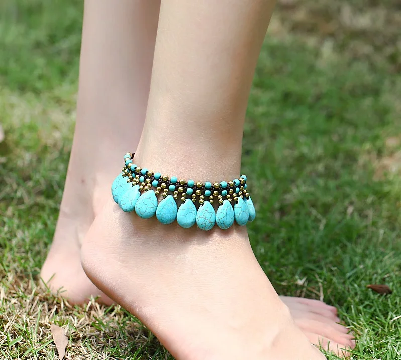 

Bohemia boho style Malachite Bracelet Women turquoise crystal Pop women bells Handmade Foot Jewelry Women Cavigliera