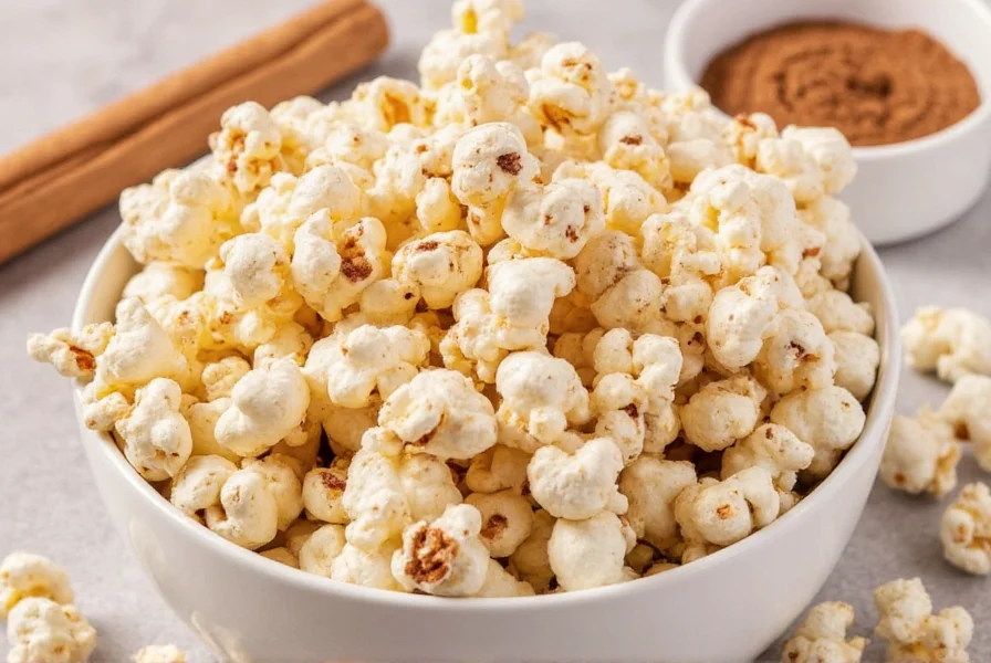 Close-up of golden brown popcorn kernels coated evenly with cinnamon sugar mixture on white background