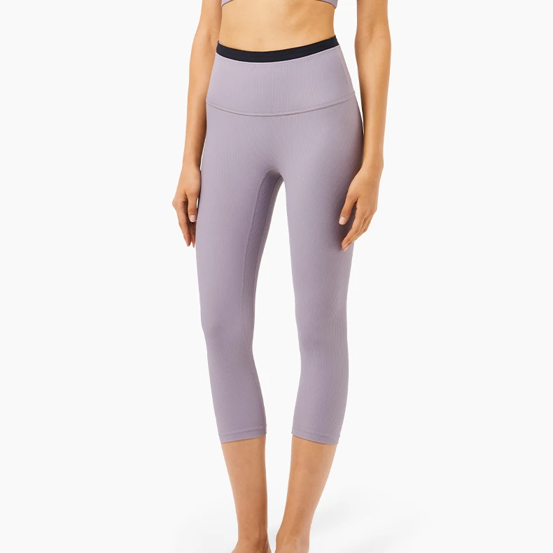 

Hot Sale Custom Logo Yoga Log Pants 2021 New Color Matching Ribbed Slim Yoga Suits Yoga Straight Pants High Waist Cropped Pant