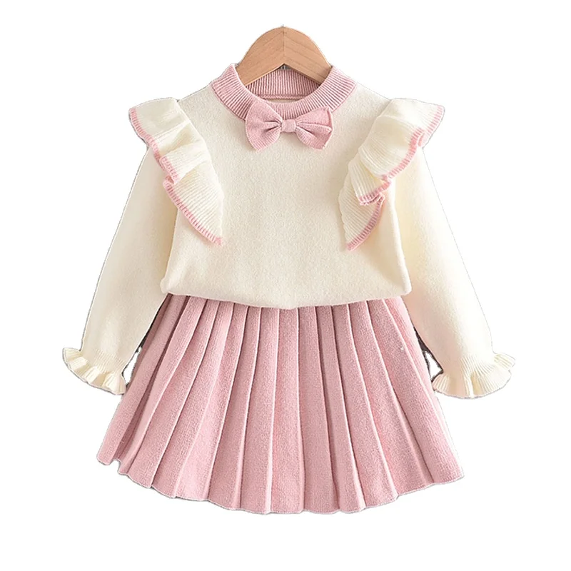 

Girls Winter Clothes Set Long Sleeve Sweater Shirt Skirt 2Pcs Clothing Suit Bow Baby Outfits for Kids Girls Clothes, Pink