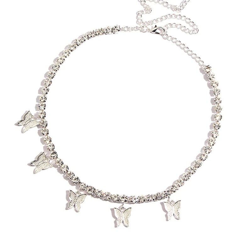 

Wholesale Gold Silver Red Rhinestone Tennis Chain Iced Out Women's Choker Butterfly Diamond Necklace