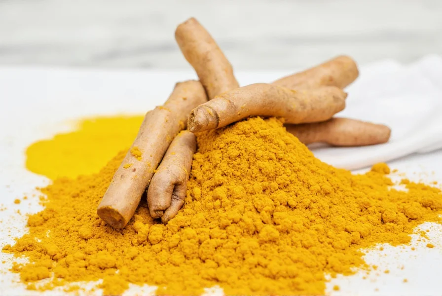 Turmeric powder and fresh turmeric root next to acne treatment products for natural skincare